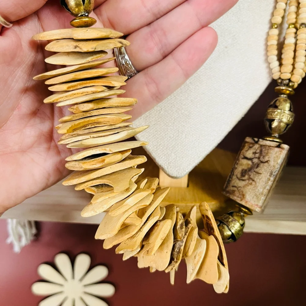 Vintage Bone and Brass Beaded Necklace Ethnic Tribal Statement 1970s Hippie Boho